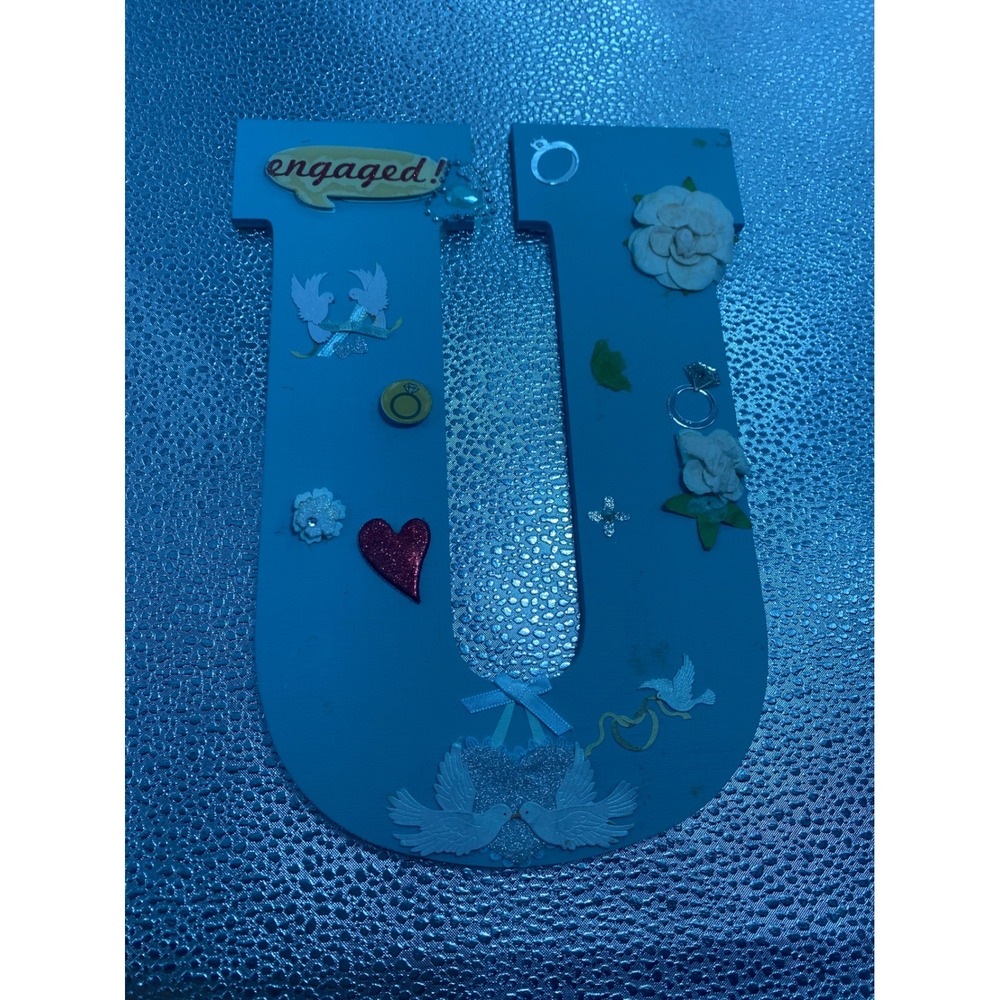 Handmade Wooden Letter‎ U Engagement Wedding Decor Blue Doves Heart Wall Art